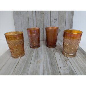 Vintage Dugan Lattice and Daisy Tumbler Marigold Carnival Glasses 4 1/4" Set 4